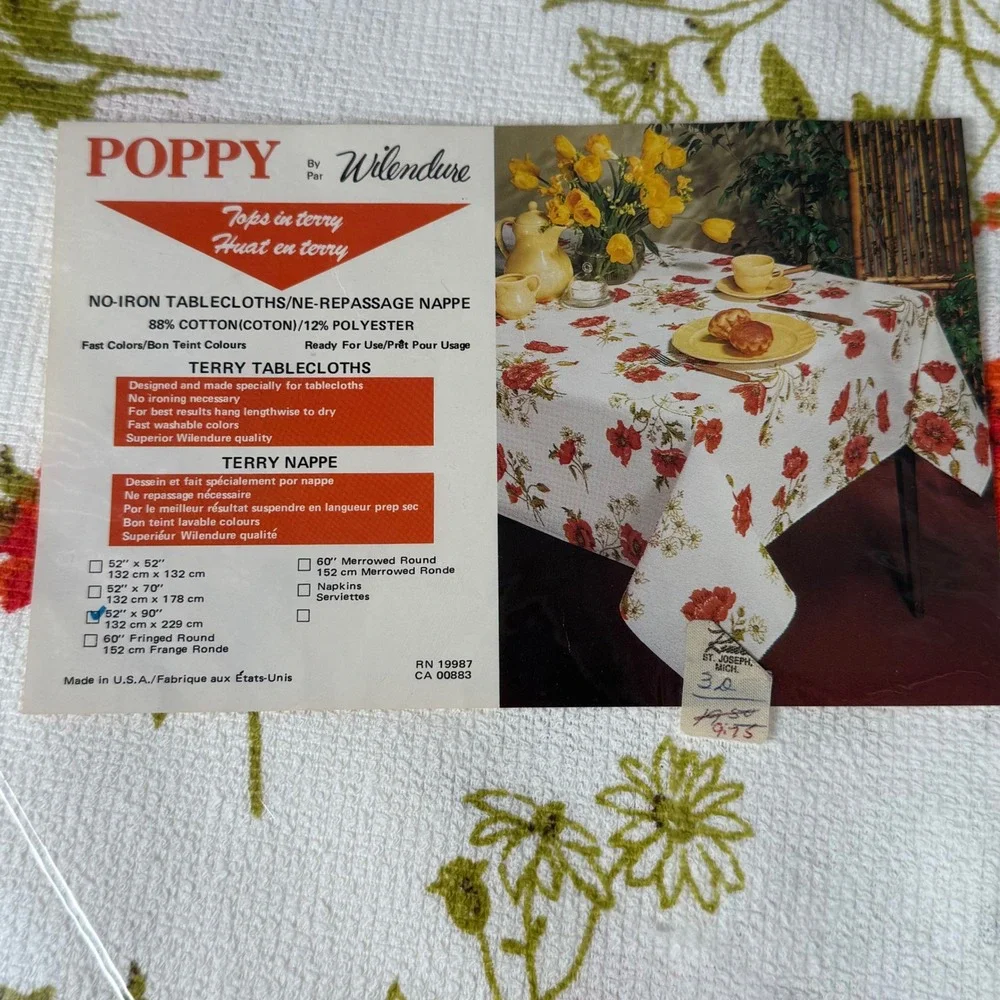 NOS VTG Poppy Wilendure Terry Tablecloth 52x90 No Iron Floral‎ 50s Retro MCM Art